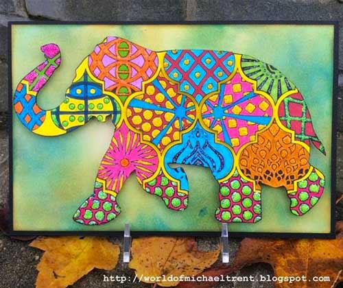Stenciled Doodled Elephant Card by Michael Trent