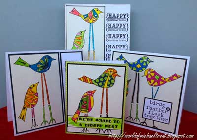 Stenciled Doodled Bird Cards - Michael Trent