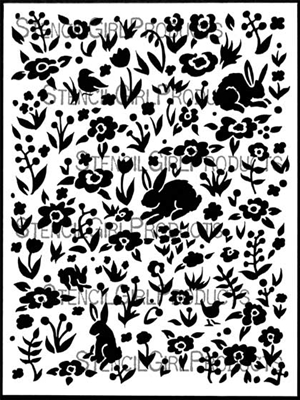 Scattered Bunnies, Blooms, & Birds Background Stencil by Margaret Peot