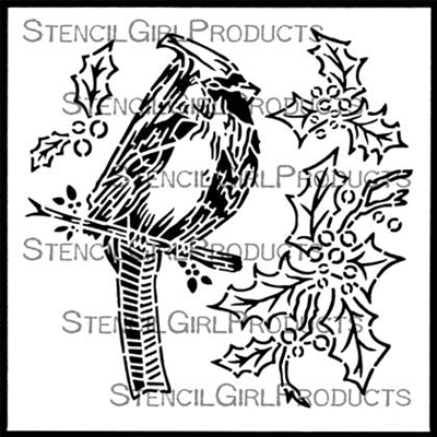 Christmas Cardinal and Holly Stencil by Gwen Lafleur